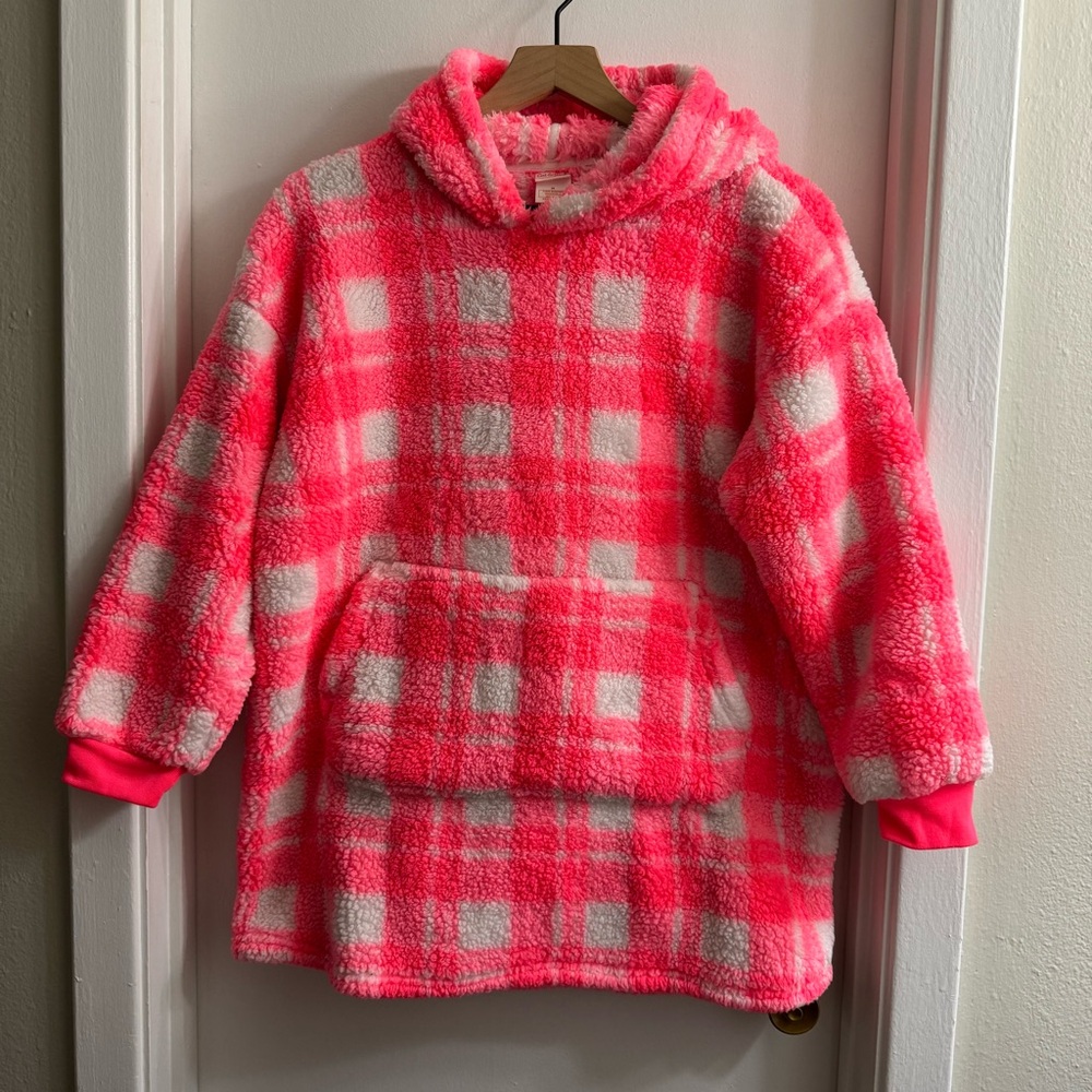 Cat & Jack Oversized Neon Pink and White Plaid Sherpa Hoodie